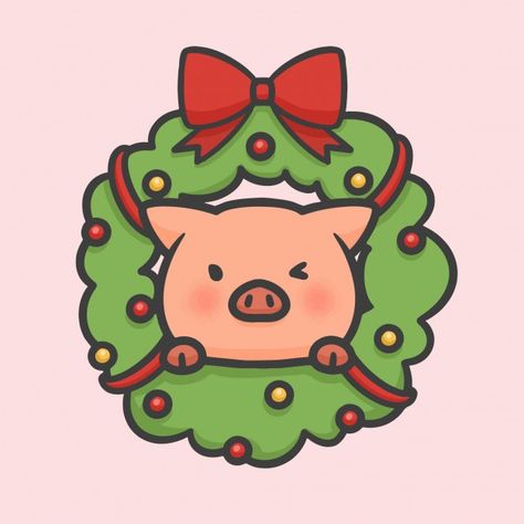 Cute Cat Costumes, Christmas Flower Decorations, Wreath Drawing, Kawaii Christmas, Christmas Doodles, Pig Cartoon, Christmas Phone Wallpaper, Cat Costume, Christmas Cartoon