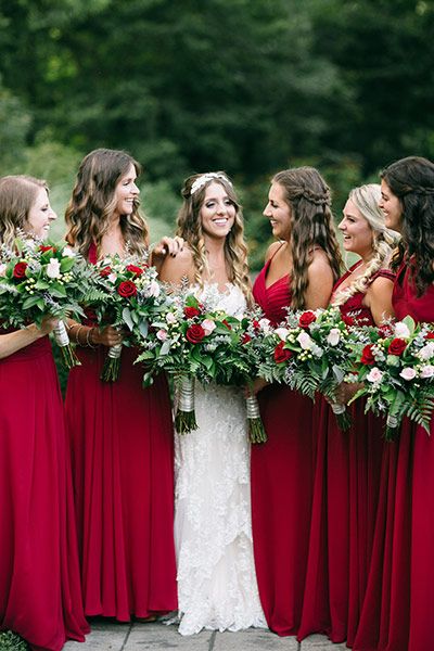 Red bridesmaid dresses Christmas Wedding Themes, Red Wedding Theme, Red Bridesmaids, Red Bridesmaid Dresses, Winter Wonderland Wedding, Marquee Wedding, Wonderland Wedding, Red Dresses, Valentine Wedding