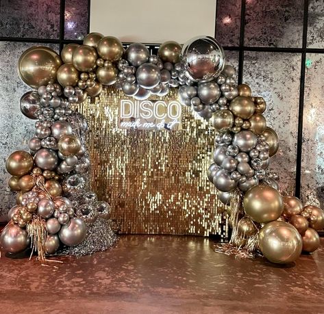 Unique Party Backdrop Ideas, Gold And Silver Disco Theme, Gold And Silver Decorations Party, Disco Prom Theme 70s Party, 70s Party Favors, Studio 54 Birthday Party, Disco Formal Theme, Gold Disco Party, 70s Disco Party Decorations