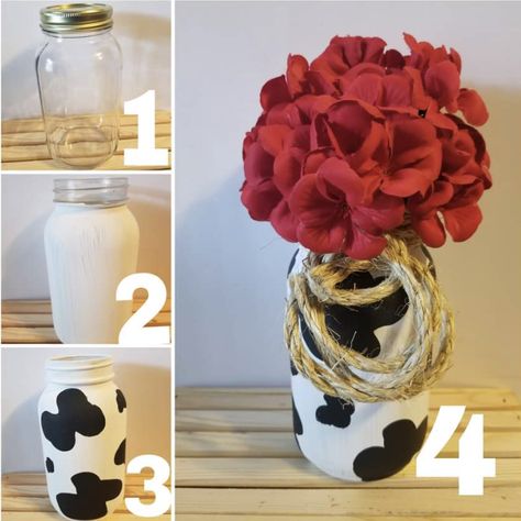 Cow Print Centerpiece Ideas, Diy Western Centerpieces, Cow Print Birthday Party Centerpieces, Cow Table Decorations, Cow Print Centerpieces, Cow Centerpieces, Cowgirl Centerpieces Table Decorations, Cow Theme Centerpieces, Cow Print Mason Jar Centerpiece