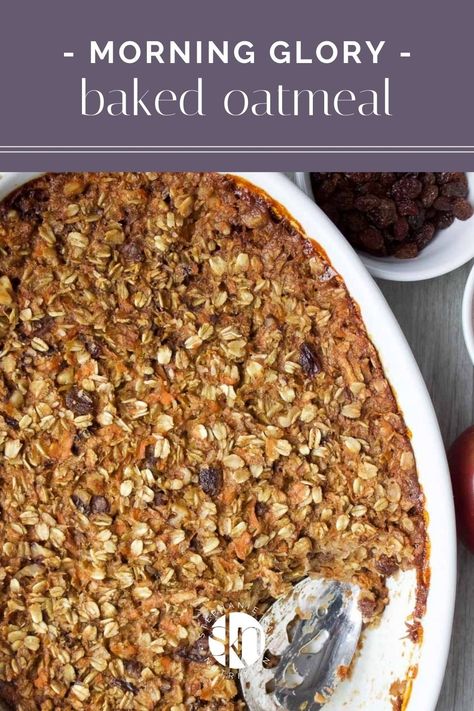 This morning glory baked oatmeal combines everything you love about a morning glory muffin into a hearty make-ahead breakfast dish. Morning Glory Oatmeal, Gluten Free Oatmeal Recipes, Morning Glory Muffin, Kay Nutrition, Muffin Flavors, Healthy Oatmeal Recipes, Cooking Oatmeal, Breakfast Oatmeal Recipes, Breakfast Prep