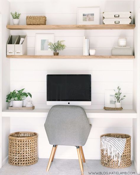 One Wall Desk Home Office, 3 Floating Shelves Office, Floating Shelves Office Desk, Office Nook Ideas Small Workspace Built Ins, Styling Floating Shelves Office, Floating Shelves Study Office Ideas, Office Desk Styling Ideas, Home Office Wall Decor Floating Shelves, Diy Floating Desk Ideas