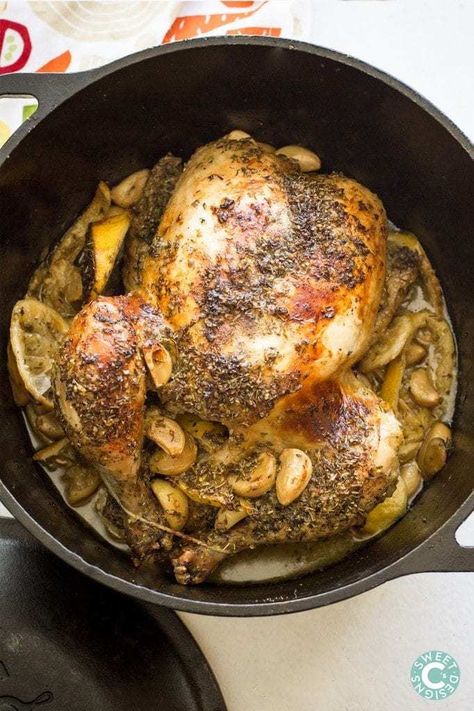 Grecian Chicken, Paleo Recipes Lunch, Oregano Salt, Chicken Lemon, Lemon Garlic Chicken, Whole Roasted Chicken, Dutch Oven Cooking, Cast Iron Recipes, Dutch Oven Recipes