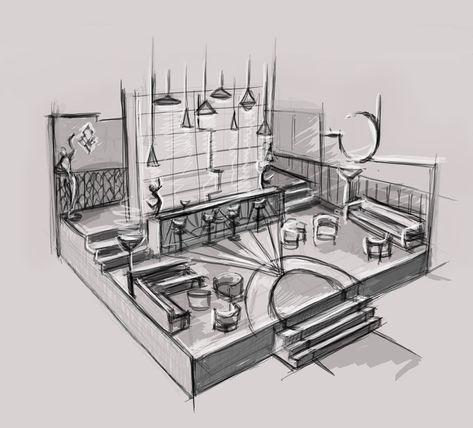 Stage Design Drawing, Stage Sketch, Scenic Design Sketch, Interior Architecture Sketch, Interior Design Sketchbook, Perspective Sketch, Drawing Interior, Furniture Design Sketches, Interior Design Renderings