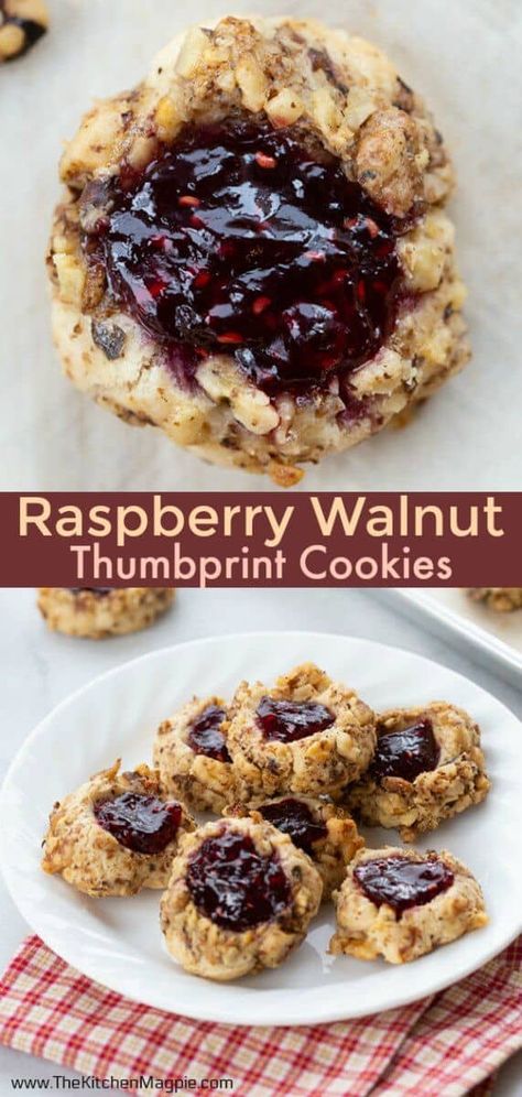 Raspberry Walnut Thumbprint Cookies Thumbprint Cookies Christmas, Cookies Thumbprint, Chili Crockpot, Raspberry Thumbprint Cookies, Thumbprint Cookie, Jam Thumbprint Cookies, Cookie Dough Recipe, Thumbprint Cookies Recipe, Raspberry Cookies