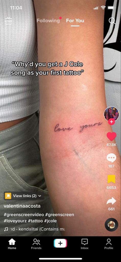 Small Dainty Tattoos Words, Love Yours Tattoo Idea, Lil Arm Tattoos, Love Yourz Tattoo Women, Love Yourz Tattoos For Women, Arm Tattoos Dainty, Love Yours In Cursive Tattoo, J’taime Tattoo, J Cole Love Yours Lyrics Tattoo