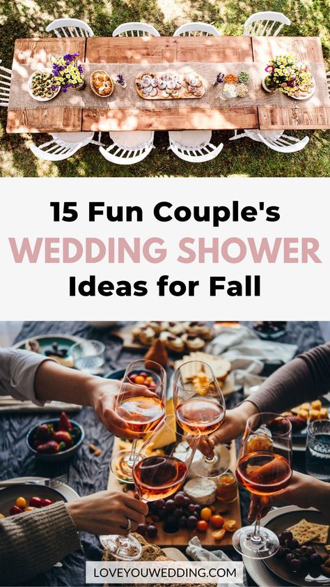 Couple’s Shower Ideas, Fall Themed Couples Shower Ideas, Bridal Shower Ideas For Couples, Fall Couples Shower Decorations, Couple Bridal Shower Themes, Grooms Shower Ideas, Backyard Couples Shower Ideas, Fun Couples Shower Games, Wedding Shower For Groom