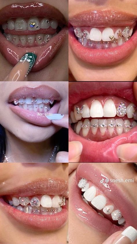 Cute Teeth Gem Ideas, Diamond Teeth Jewelry, Toothgems Ideas, Teeth Gems Aesthetic, Teeth Gems Ideas, Grillz Teeth Female, Female Grills, Tooth Gem Ideas, Grills For Women