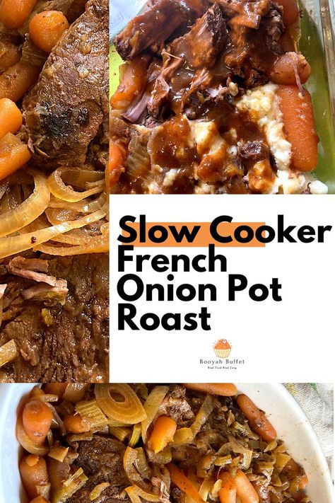 Slow Cooker French Onion Pot Roast French Onion Pot Roast, Crock Pot Chuck Roast, Chuck Roast Recipes, Carrots And Celery, Crockpot Roast, Roasted Onions, Onion Sauce, Family Friendly Dinners, Crockpot Dishes