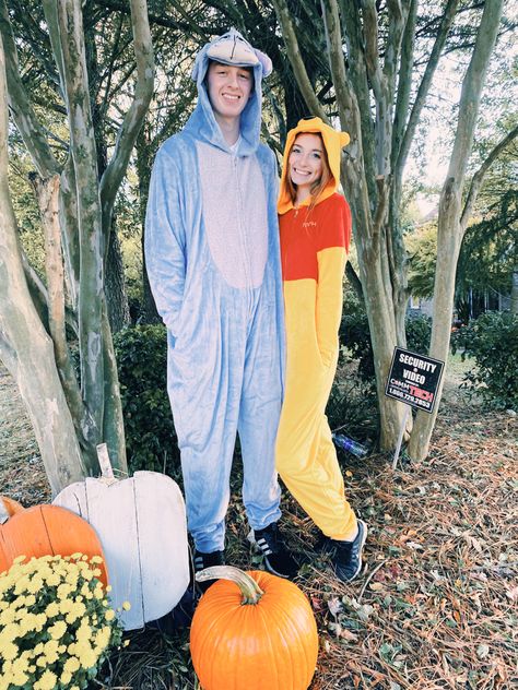 Onesie Halloween Costumes Couple, Winnie The Pooh And Eeyore Costume, Boyfriend And Girlfriends Halloween Costumes, Couple Onesies Halloween, Couple Halloween Costumes Onsie, Pooh And Tigger Costume Couple, Couple Onsies Costumes, Matching Onesies For Couples Halloween, Best Couples Costumes Disney