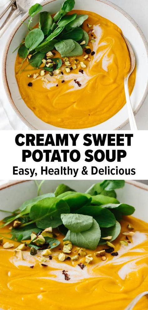 This vegan sweet potato soup recipe is a creamy, rich, and healthy soup that's easy to make right in the blender! The perfect comfort food recipe. #veganrecipe #sweetpotatorecipe #sweetpotato #souprecipe Sweet Potato Soup Healthy, Easy Sweet Potato Soup, Vegan Sweet Potato Soup, Soup Stovetop, Potato Soup Recipes, Sweet Potato Soup Vegan, Sweet Potato Seasoning, Sweet Potato Soup Recipes, Easy Sweet Potato