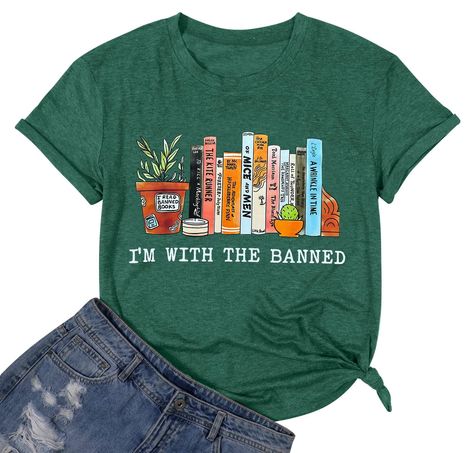 PRICES MAY VARY. Materials: This banned books tshirt is made of cotton blend materials, lightweight, breathable and stretchy, skin- friendly, comfy and soft to wear in all seasons; Features: I'm with the banned books shirt, i read banned books t-shirt, plants and flowers graphic tees, book lover shirts, librarian shirts, kindergarten teacher shirts, preschool teacher tshirts; Gift ideas: for book lovers, book nerd, bookworm, reading lovers, school librarian, readers, kindergarten preschool teach Librarian Shirt, Book Tshirts, Reading Shirts, Stylish Maternity, Book Shirts, Graphic Tees Women, Teacher Shirts, Neck Designs, Casual Chic