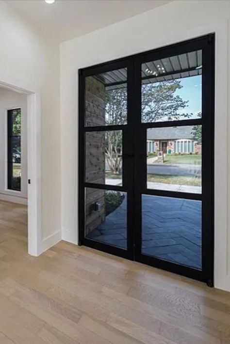 Front Door Modern, French Front Doors, Exterior Entry Doors, Modern Farmer, Black Front Doors, Modern Front Door, Glass French Doors, Front Entry Doors, Black Frames