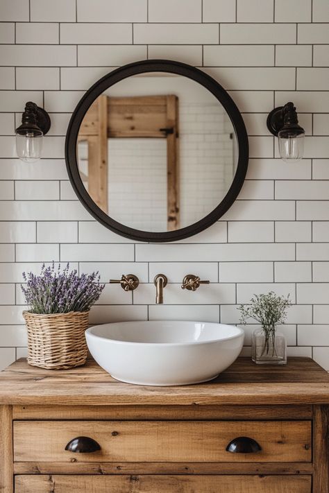 Embrace modern bathroom ideas with this charming rustic decor! Featuring a sleek vessel sink, wooden vanity, and minimalist fixtures, this look combines elegance and practicality. Perfect for those seeking a serene, natural vibe. #ModernBathroomIdeas #HomeDecor #RusticStyle Modern Rustic Bathroom Ideas, Modern Rustic Bathroom, Rustic Bathroom Ideas, Wooden Bathroom Vanity, Modern Bathroom Ideas, Vessel Sink Vanity, Calming Spaces, Wooden Vanity, Vanity Ideas