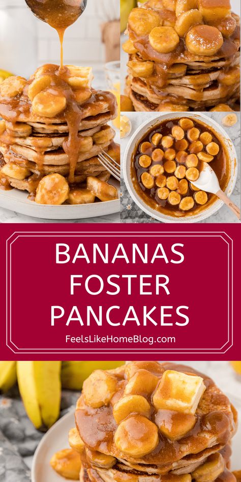 Bananas foster is usually served over ice cream but have you tried it with pancakes? These banana foster pancakes are the perfect decadent breakfast or brunch recipe. They’re made with fluffy buttermilk pancakes and a rich, buttery, caramel vanilla rum sauce that's pure heaven! Ready in minutes! #bananasfoster #banana #icecream #pancakes #dessert #breakfast #easyrecipe Banana Cream Pancakes, Gourmet Pancakes Recipes, Bananas Foster Waffles, Joanna Gaines Banana Foster Pancakes, Banana Sauce For Pancakes, Caramelized Banana Pancakes, Banana Foster Waffles, Banana Foster Sauce, Bananas Foster Pancakes