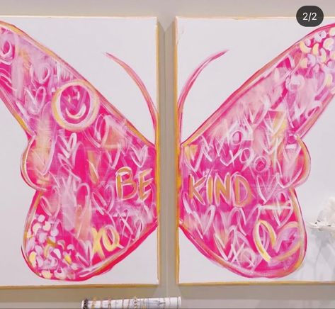 Vsco Canvas Paintings, Two Canvas Butterfly Painting, Preppy Paintings For Room, Preppy Butterfly Painting, Preppy Art Canvas, Cute Diy Paintings, Cute Preppy Paintings, Dorm Paintings Canvas, Preppy Canvas Paintings