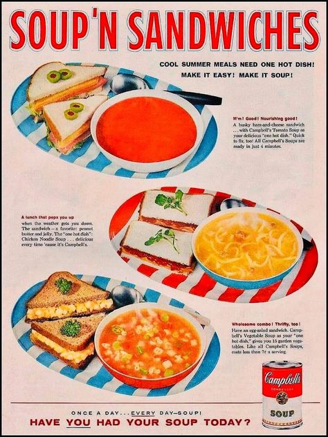 1970s Food, 1960s Food, Ham And Cheese Sandwich, American Diner, Vintage Cooking, Wall Decor Vintage, Campbell Soup, Food Ads, Retro Ads