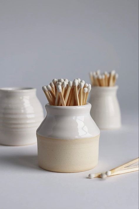 Matches 
Wooden bowls 
Oil cans 
Gifts for home Match Jar, Vinegar Dispenser, Match Striker, Wheel Thrown Ceramics, White Pot, Match Stick, Safety Matches, Candle Store, Pottery Gifts