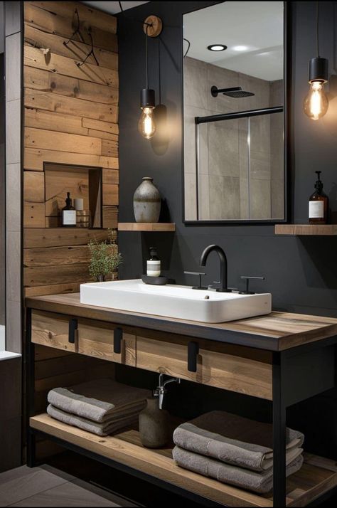 ￼ Design For Small Spaces, Masculine Bathroom, Finish Bathroom, Luxe Bathroom, Oak Bathroom, Finished Bathrooms, Cabin Bathrooms, Luxury Bathrooms, Gorgeous Bathroom