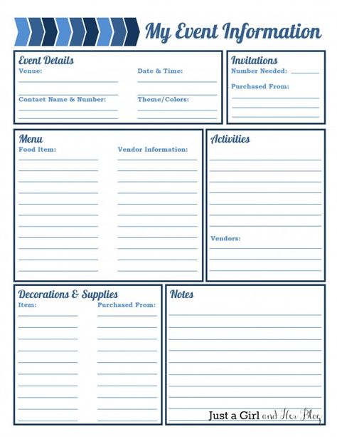 My Event Information printable by Just a Girl and Her Blog - organized list for planning your party/event. Party Planner Template, Event Planning Binder, Event Planning Guide, Event Planning Worksheet, Event Planning Organization, Event Planning Printables, Event Planning Business Cards, Party Planning Business, Event Planning Career