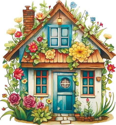 Up House Drawing, Fairy House Drawing, Watercolor House Painting, Flower House, Procreate Ipad Art, House Illustration, Cottage Art, House Drawing, Whimsical Illustration