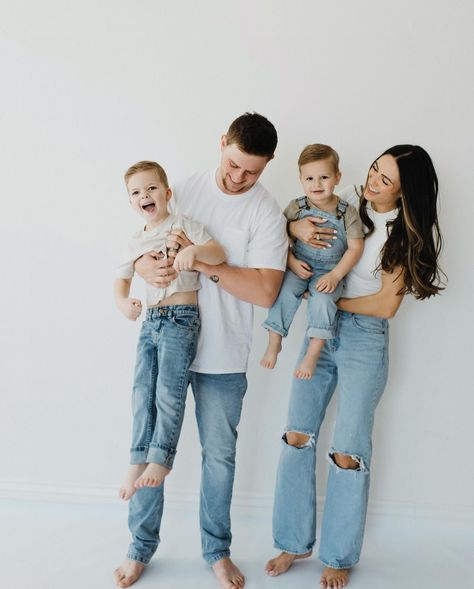 I can’t help but to share all of these! Thank you @kortniellettphoto for capturing our family so perfectly! I will cherish these forever We’ve done good @loganmckay55 ❤️ Family Photo Shoot Ideas Outfits, White Top Blue Jeans Family Photoshoot, Family Photoshoot White Shirt And Jeans, Casual Studio Family Photoshoot, White Tshirt Family Photoshoot, Mama And Kids Photoshoot, Denim Cream Family Pictures, Large Family Indoor Photo Shoot Ideas, White Shirt Jeans Photoshoot Family