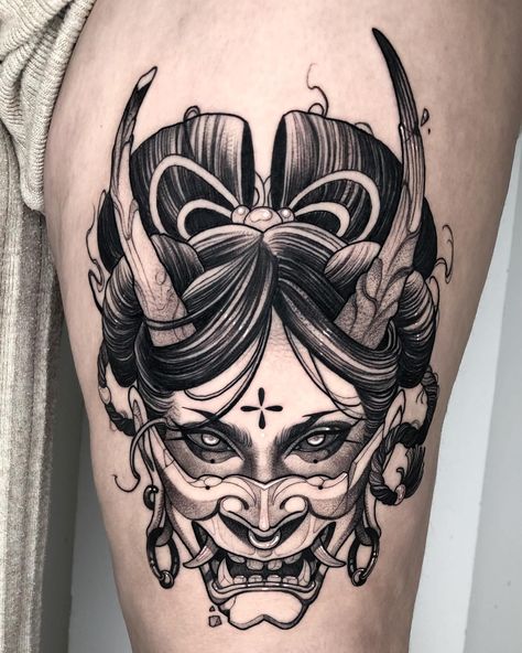 33 Incredible Japanese Tattoo Ideas for Women & Men in 2024 Japanese Mask Tattoo, Oni Mask Tattoo, Geisha Tattoo Design, Oni Tattoo, Tattoo Japanese Style, Hannya Mask Tattoo, Oni Mask, Mask Tattoo, Tattoo Style Drawings