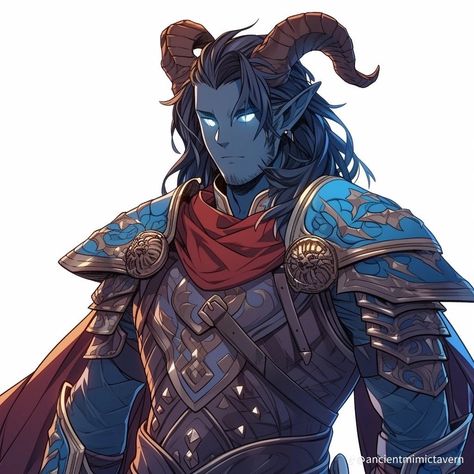 Tiefling Paladin Dnd, Trifling Bard, Male Cleric Dnd, Paladin Dnd Character Design, Tiefling Paladin Male, Male Tiefling Character Design, Tiefling Character Design Male, Tiefling Knight, Blue Tiefling Male