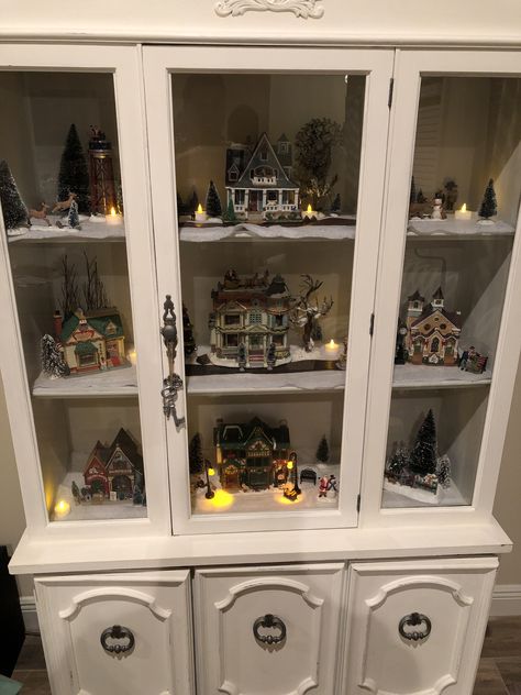 Christmas Village In China Cabinet, Homey Cottage, China Cabinet Decor, Christmas Corner, Western Bedroom Decor, Western Bedroom, Cabinet Display, Christmas China, China Cabinet Display