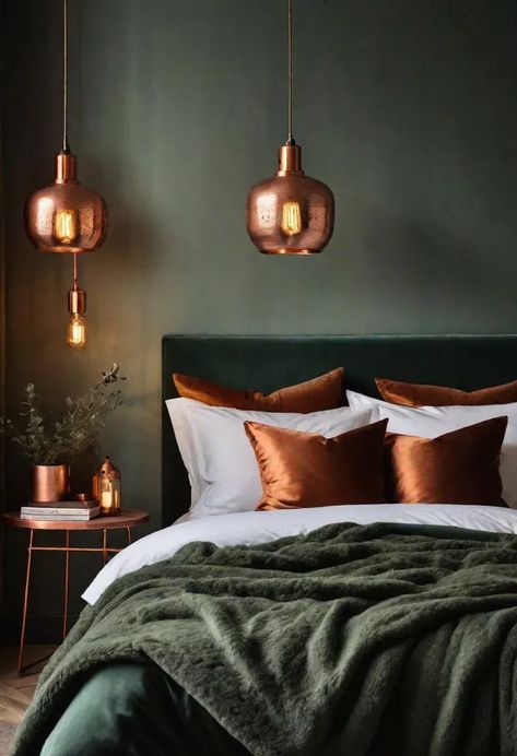 Green And Copper Bedroom, Sage Green Farmhouse Bedroom, Green Farmhouse Bedroom, Bedroom Ideas Trendy, Mcm Room, Sage Green Farmhouse, Earthy Bedroom Decor, Bedroom Decor Inspirations, Sage Bedroom