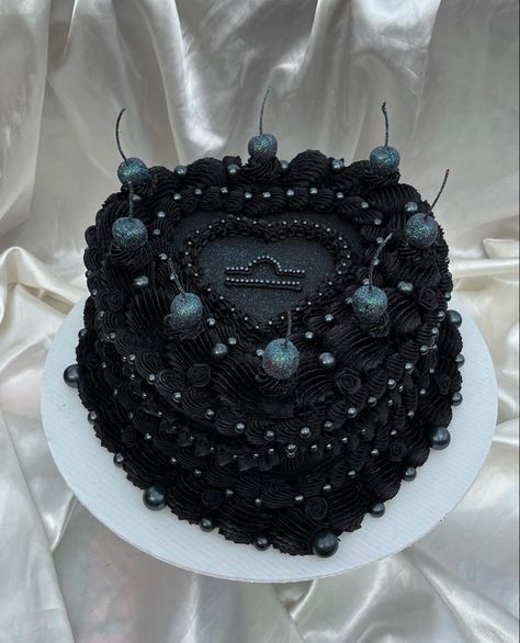 Small black vintage cake with glitter cherries and Libra decoration Beautiful Black Cakes, Black Libra Cake, Black Heart Shaped Birthday Cake, Black Cake With Pearls, Black Vintage Heart Cake, Black Heart Birthday Cake, Black 21st Birthday Cake, Black Heart Shaped Cake, Libra Szn Cake