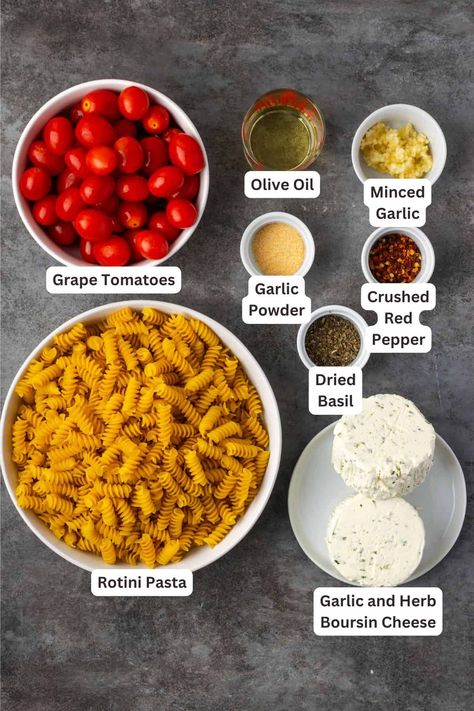 Pasta With Cheese And Tomatoes, Baked Cheese And Tomato Pasta, Tomatoes And Boursin Cheese, Boursin Cheese Tomato Pasta, Boursin Pasta Recipe Tiktok, Tomato Cheese Pasta Bake, Tomato And Cheese Pasta, Tik Tok Boursin Pasta, Roasted Tomatoes And Boursin Cheese