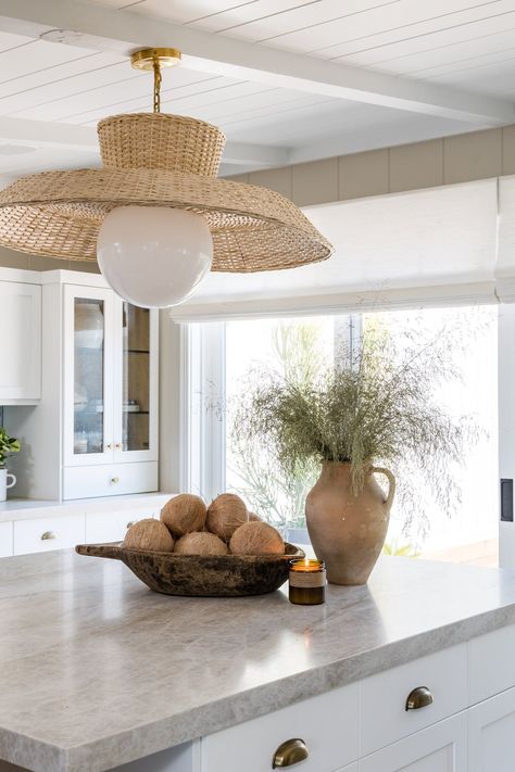 Angled Kitchen, Marble Top Kitchen Island, Kitchen Island Styling, Bali Interiors, Pure Salt Interiors, Kitchen Peninsula, Plank Ceiling, Pure Salt, White Kitchen Island