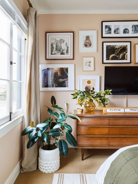 Creating a Gallery Wall Around a TV — DIY DARLING Dresser Styling, Dresser With Tv, Peaceful Bedroom, Bedroom Reveal, Tv In Bedroom, Emily Henderson, Feel Like Home, Tv Decor, Rooms Reveal