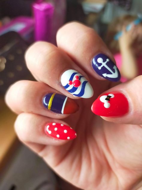 Nails For Disney Cruise, Disney Cruise Nail Art, Disney Cruise Line Nails, Donald Duck Nails, Classic Disney Nails, Disney Beach Nails, Disney Cruise Nail Ideas, Disney Cruise Nails Design, Kids Disney Nails