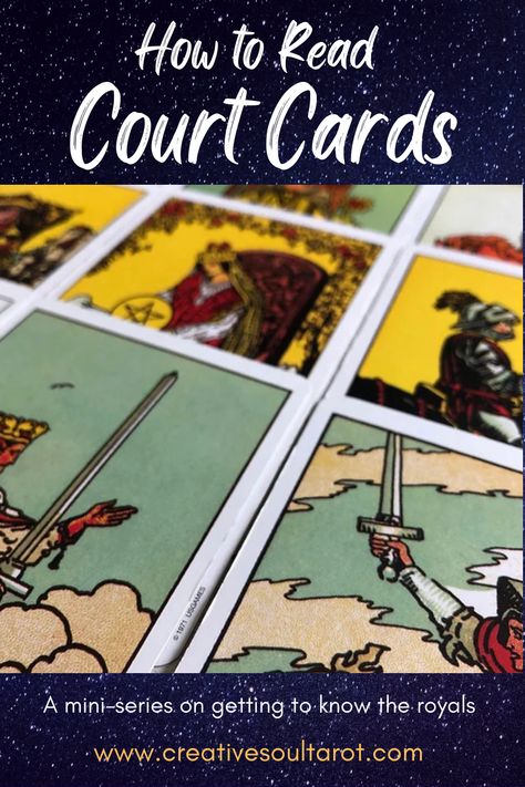 One of the most common sticking points when it comes to learning tarot, is how to interpret the Court Cards. This mini-series takes a deep dive into the royals, suit by suit. #tarot #tarotreading #howtoreadtarot #courtcards #tarotcourtcards #howtoreadcourtcards #creativesoultarot #tarotforbeginners Court Cards Tarot Meaning, Tarot Court Cards, Suit Of Pentacles, Tarot Guidebook, King Of Cups, Learning Tarot, Court Cards, Swords Tarot, Tarot Book