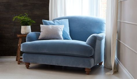 Why You Should Have a Snuggle Chair | Darlings of Chelsea Petite Sofa, Snuggle Chairs, Stylish Chairs, Blue Sofa, Small Sofa, Blue Living Room, Chaise Sofa, Front Room, Occasional Chairs