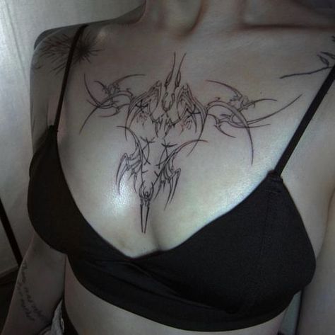 Goth Chest Tattoo Female, Gothic Chest Tattoo Female, Cleavage Tattoos, Chest Tattoo Ideas Female, Under Chest Tattoo, Chest Tattoos For Women, Spine Tattoos For Women, Sternum Tattoo, Side Tattoos