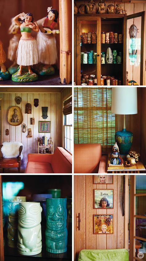 Join Hallmark stylist Zoe K. as she takes us out for cocktails and conversation with stylist Betsy G. in her exotic tiki room. Read on as Betsy shares what inspired this unusual room and how you can host your own tiki party. Recipes included! Tiki Shelves, Tiki Mermaid, Tiki Bathroom, Tiki Room Decor, Tiki House, Tiki Decor, Tiki Bar Decor, Tiki Tiki, Tiki Lounge