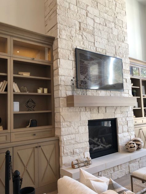 Stone Wall With Built In Shelves, Stone Fireplace With Built Ins Vaulted Ceiling, Accent Wall With Stone Fireplace, Fireplace Great Room Ideas, Stone Fireplace Insert, Stone Fireplaces With Built Ins On Each Side, Rock Fireplace With Built Ins On Both Sides, Stone Fireplace With Tv Above Mantle, Stone Fireplace Built Ins