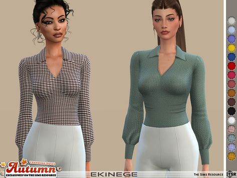 The Sims Resource - Collared V-Neck Top Sims 4 Download, The Sims 4 Download, Collar Tshirt, Sims 4 Clothing, Sims 4 Cc, Long Puff Sleeves, Maxis Match, The Sims Resource, Sims Resource