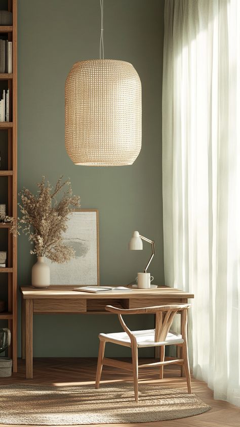 Discover the perfect balance of modern minimalism and organic elegance in this serene study room! Featuring a sustainable wooden desk, calming sage green walls, and warm, inviting lighting—it's a workspace that inspires creativity. #SereneStudy #ModernMinimalism #OrganicElegance #midjourney Study Room Modern, Modern Study, Handmade Lampshades, Sage Green Walls, Unique Mirrors, Green Walls, Statement Lighting, Modern Minimalism, Cozy Reading Nook