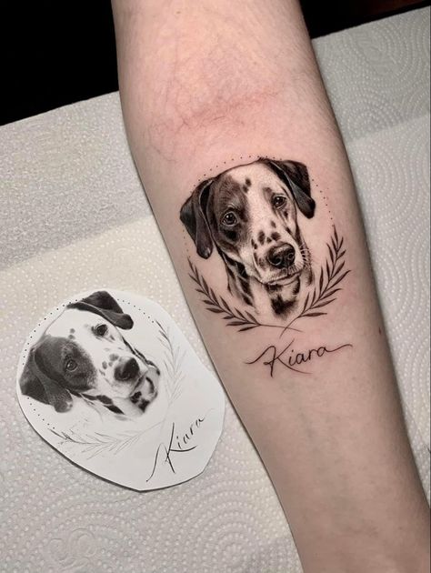 Dog Picture Tattoos, Dog In Frame Tattoo, Small Dog Portrait Tattoo, Dog Portrait Tattoos, Dog Portrait Tattoo Flowers, Unique Dog Tattoo Ideas, Pet Portrait Tattoo, Tattoo Perro, Pet Portrait Tattoos