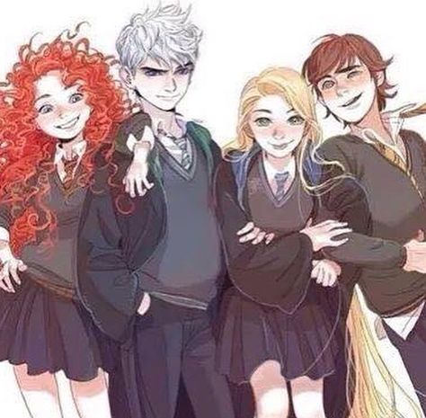 The big four hogwarts Harry Potter AU Merida And Hiccup, Disney Hogwarts, Princesas Disney Anime, Hiro Big Hero 6, Big Four, Disney Crossovers, Karakter Disney, Hiccup, The Big Four