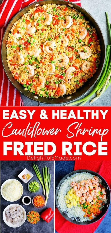 Once you try my healthy shrimp fried rice you’ll never buy take-out fried rice again! This Cauliflower Shrimp Fried Rice has all the great flavors and textures of your favorite take-out place, but without all of the carbs & calories. The perfect healthy, low-carb dinner idea! || Delightful E Made Califlower Fried Rice, Healthy Shrimp Fried Rice, Cauliflower Shrimp Fried Rice, Healthy Shrimp Tacos, Shrimp Fried Rice Recipe, Cauliflower Fried Rice Recipes, Quick Pasta Recipes, Frozen Cauliflower Rice, Bariatric Diet