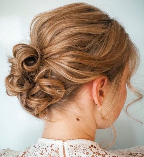 Chic Low Curly Bun Flower Bun Hairstyle, Neck Length Hair, Mother Of The Groom Hairstyles, Updos For Short Hair, Medium Length Updo, Flower Bun, Short Hair Up, Curly Bun, Short Hair Bun