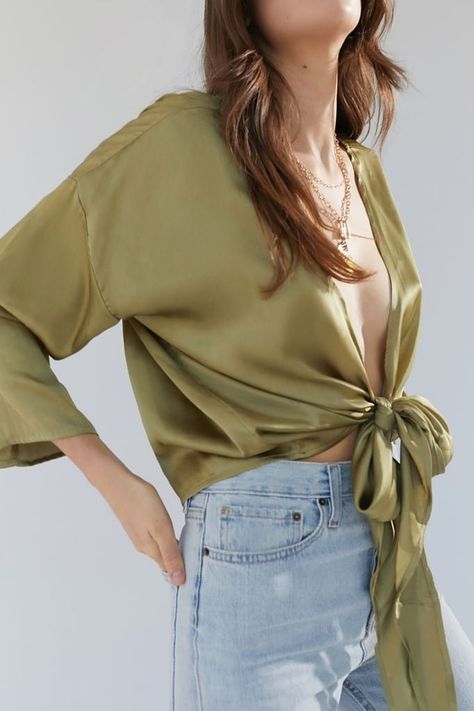 UO Nicole Satin Tie-Front Top Satin Tie Front Top, Look More Feminine, Satin Tops, Urban Outfitters Shop, Silk Clothing, More Feminine, Tie Front Blouse, Ladies Tops, Link Up