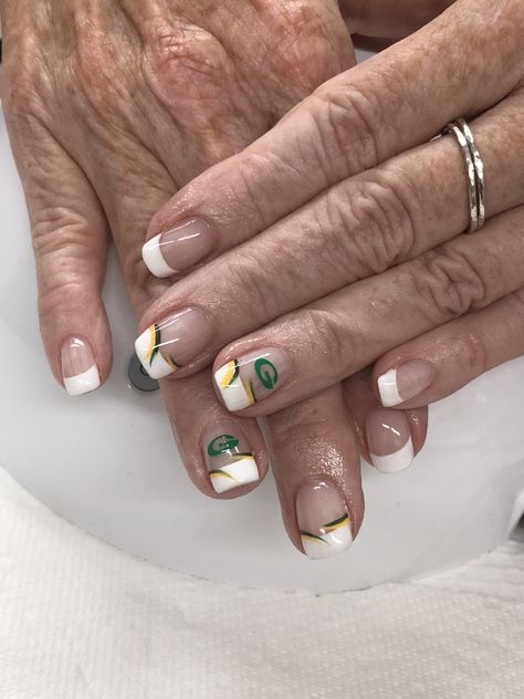 Green Bay Packer Nails!! White french, green gold swishes Packer Nails Green Bay, Greenbay Packer Nails, Green Bay Packers Nail Art, Packers Nails, Green Bay Packers Nails, Packer Nails, Nails White French, Fingernail Ideas, Fingernail Art