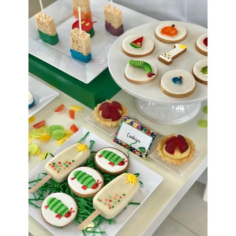 Hungry Caterpillar Cookies, Caterpillar Cookies, The Very Hungry Caterpillar Birthday, Character Themes, Chocolate Kiss Cookies, Very Hungry Caterpillar Birthday, Caterpillar Birthday, Caterpillar Party, Hungry Caterpillar Party