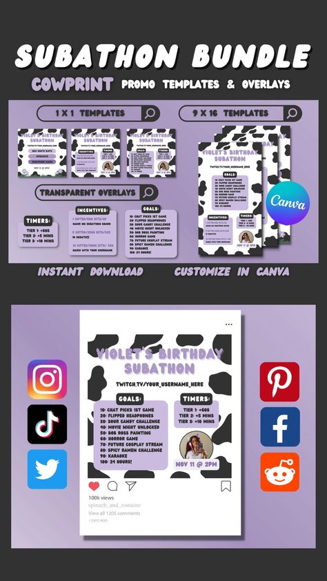 Purple Cowprint Subathon Bundle (includes social media promo templates and overlays) Twitch Subathon Goal Ideas, Lgbtq Things, Milestone Ideas, Purple Theme, Overlays Transparent, Purple Themes, Promotional Products Marketing, Social Media Templates, Text Fonts